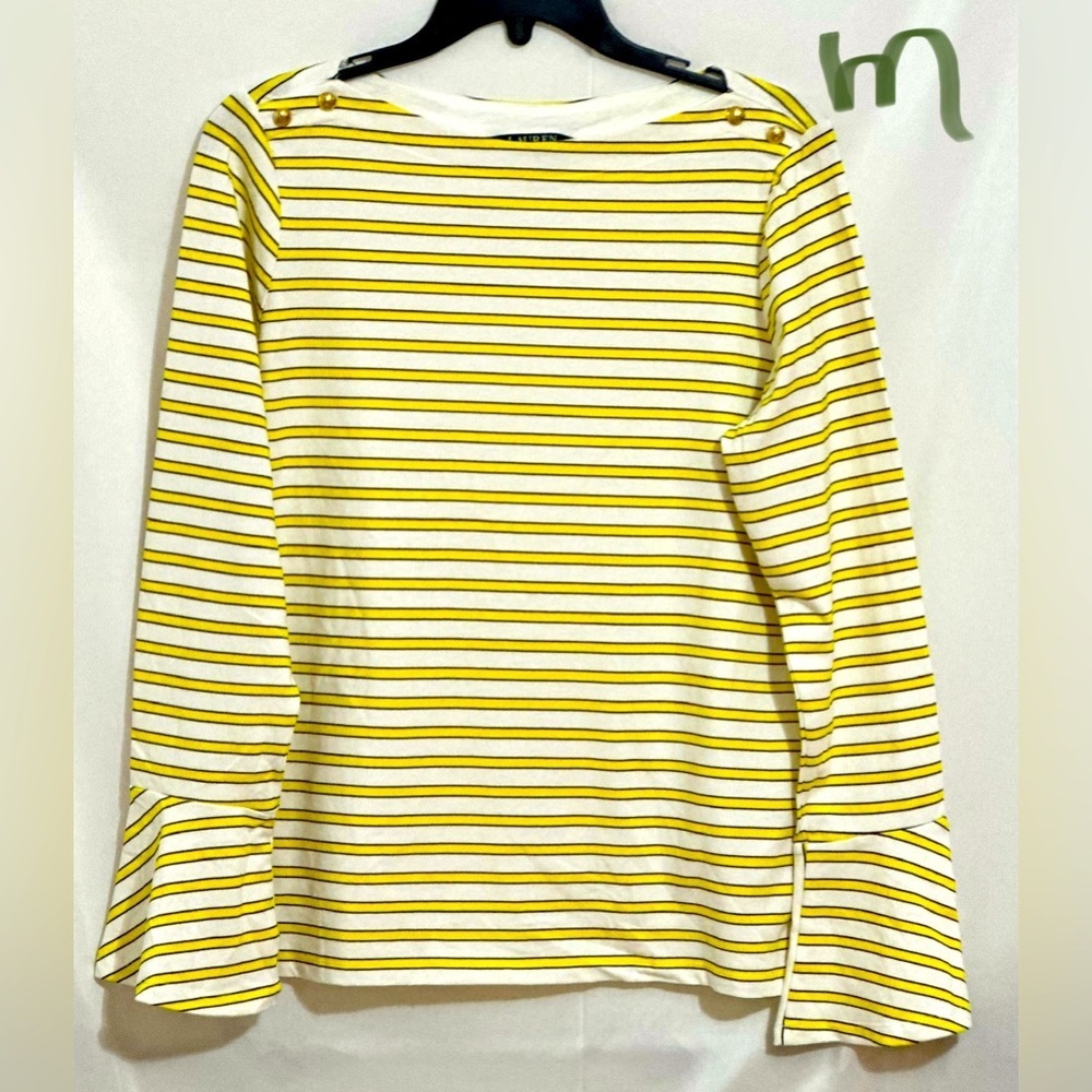 LADIES WHITE TOP WITH YELLOW & BLACK STRIPES